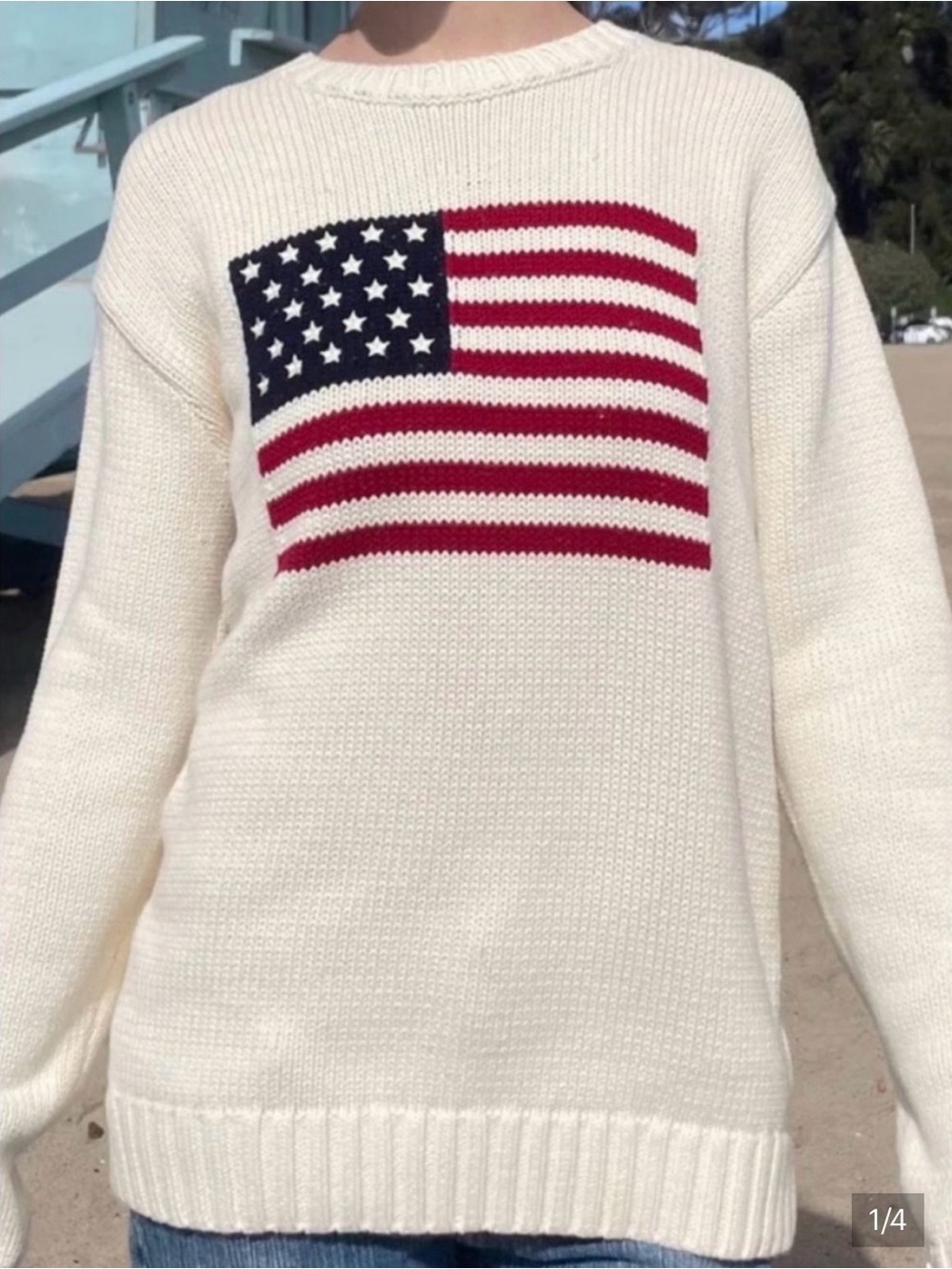 EUC Cream Women's Crewneck Sweater with Flag Motif